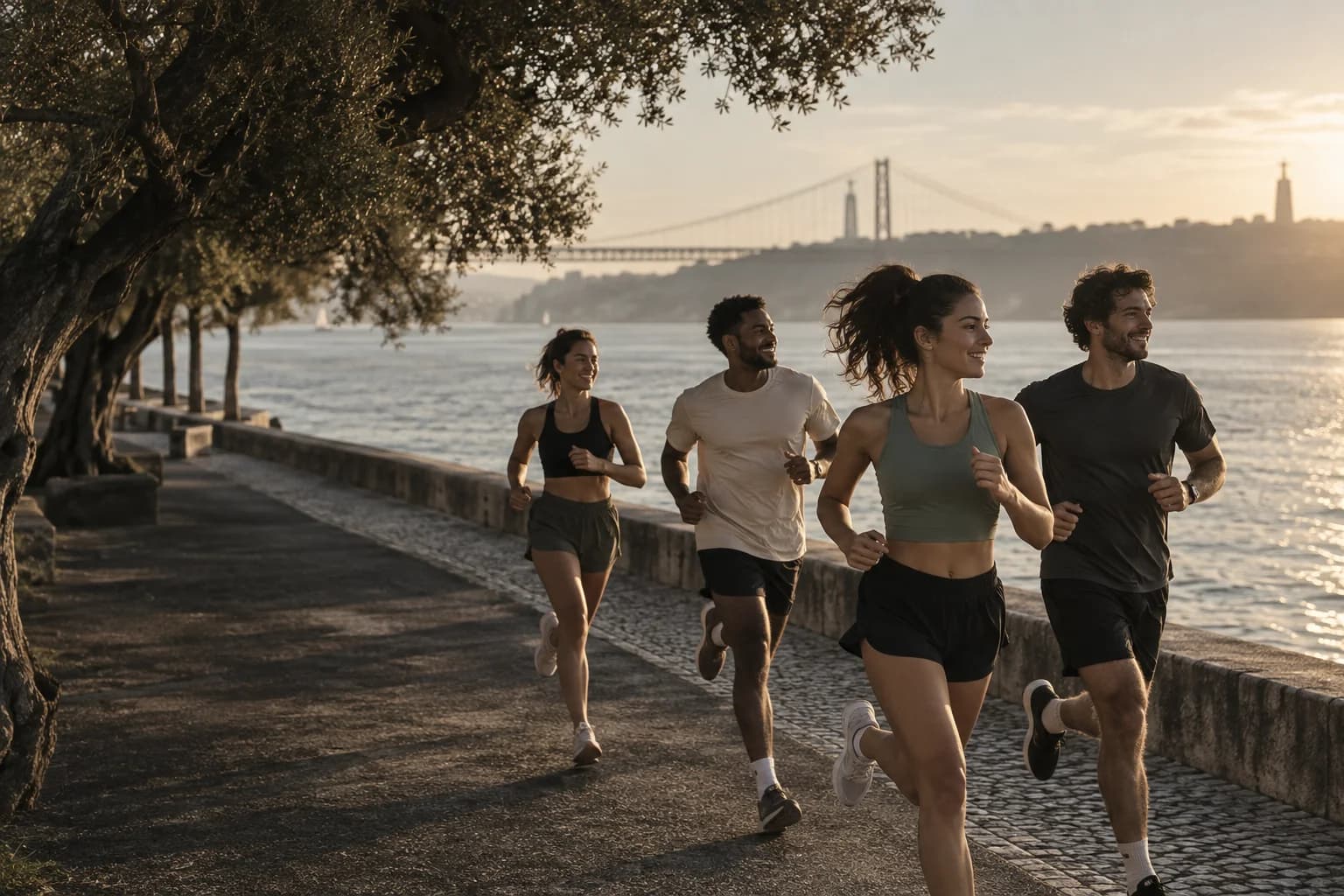 Friends running together beside the Tagus in the morning light